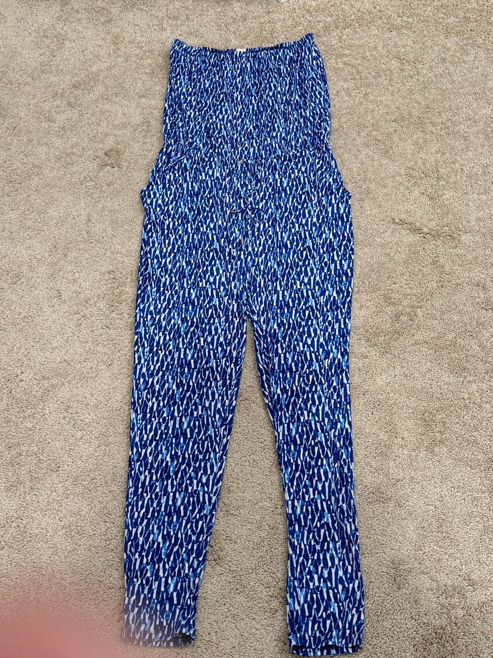 Michael Kors Blue & White Abstract Print Jersey Jumpsuit Size Large